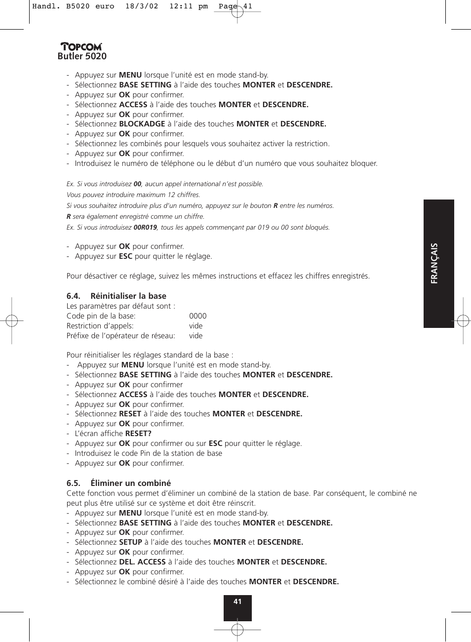 Butler 5020 | Topcom BUTLER 5020 User Manual | Page 41 / 84