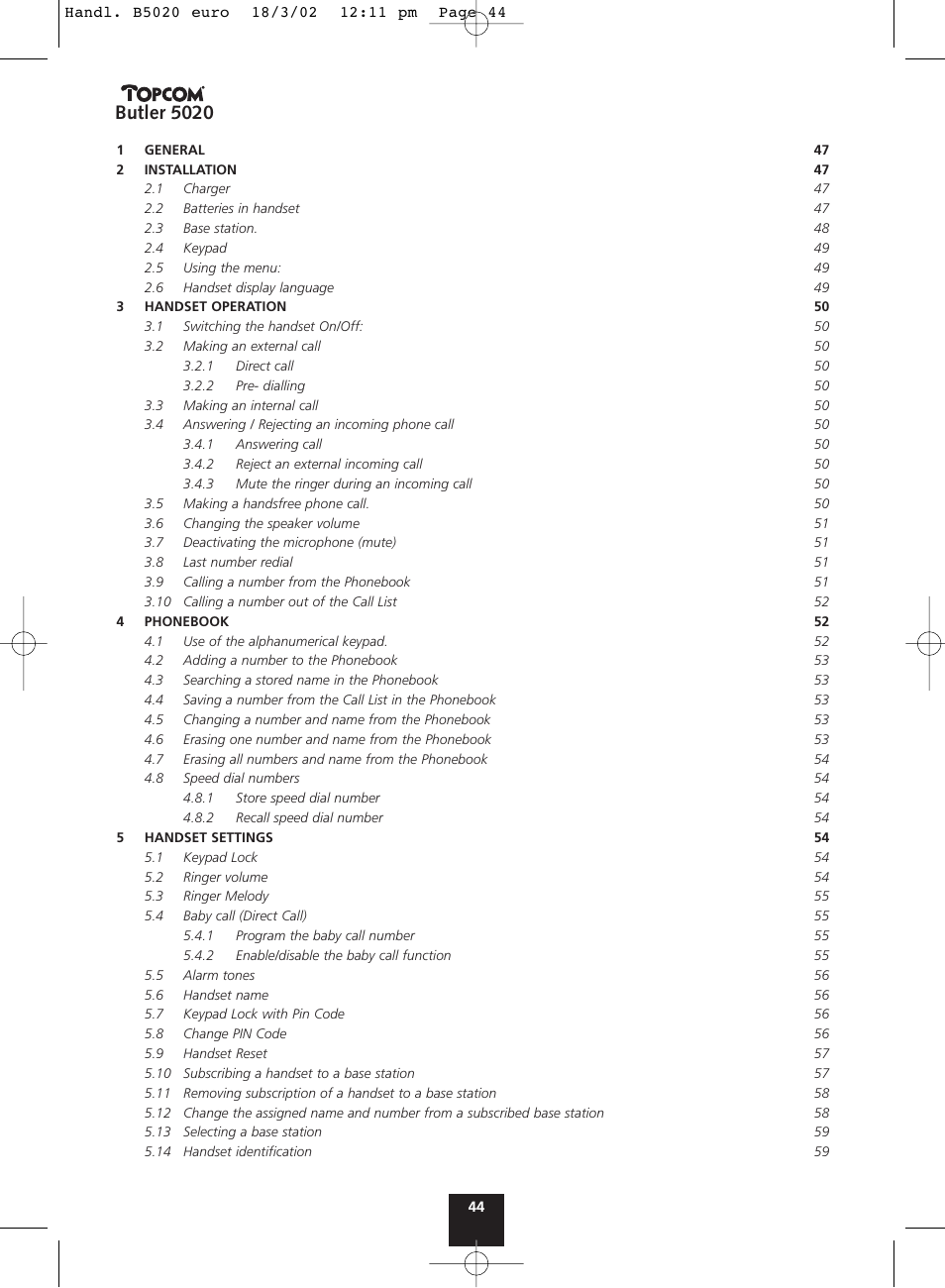 Butler 5020 | Topcom BUTLER 5020 User Manual | Page 44 / 84