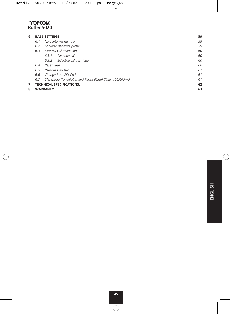 Butler 5020, English | Topcom BUTLER 5020 User Manual | Page 45 / 84
