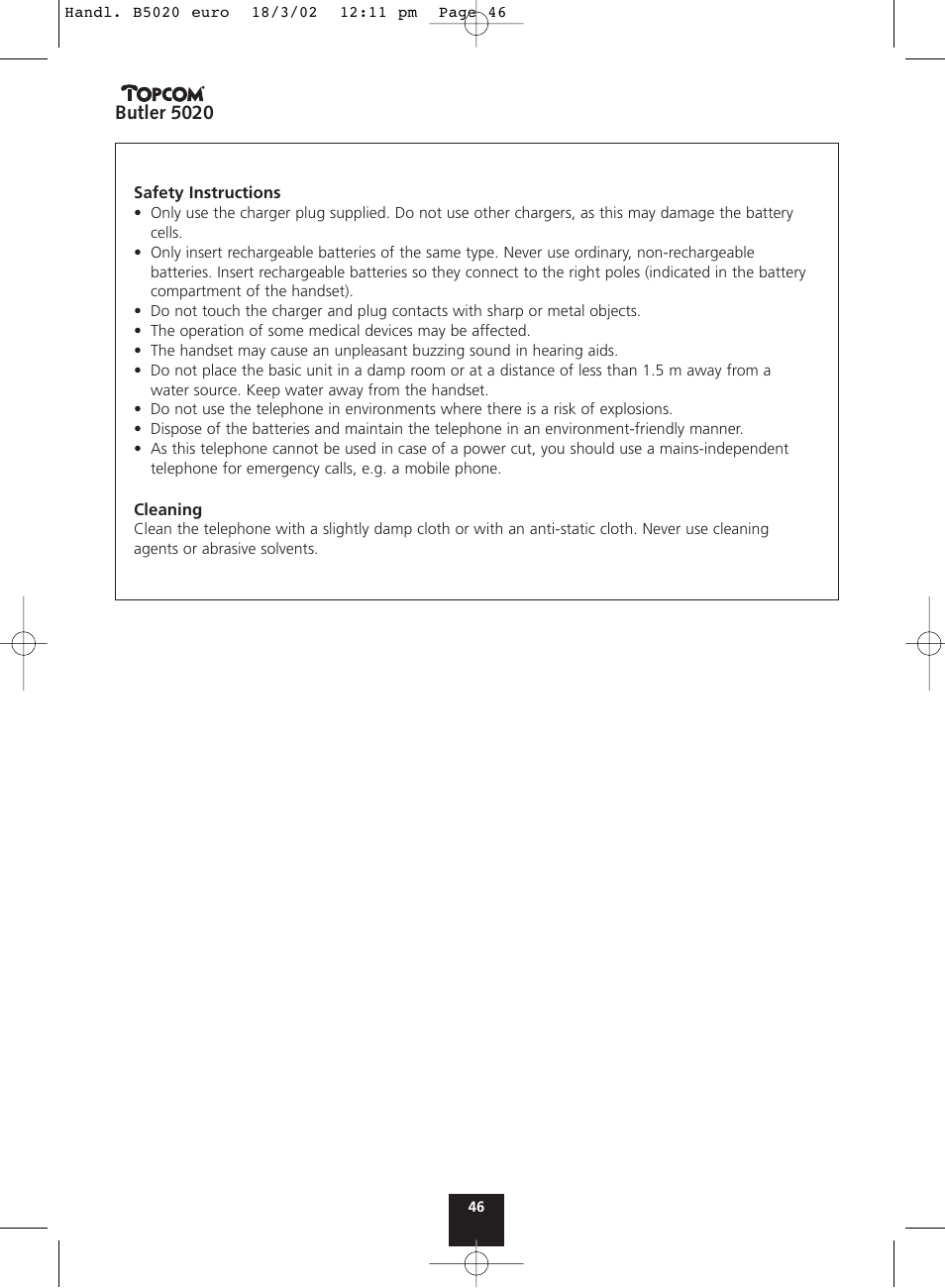 Butler 5020 | Topcom BUTLER 5020 User Manual | Page 46 / 84