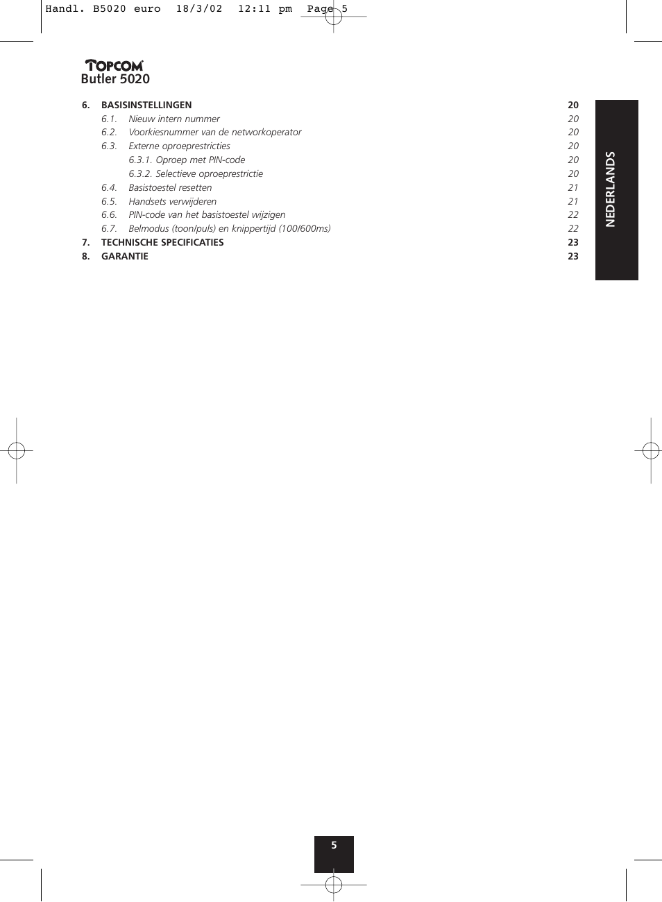 Butler 5020, Nederlands | Topcom BUTLER 5020 User Manual | Page 5 / 84