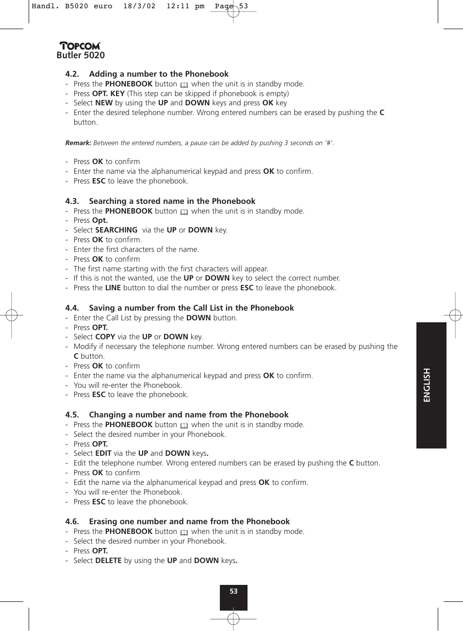 Butler 5020 | Topcom BUTLER 5020 User Manual | Page 53 / 84