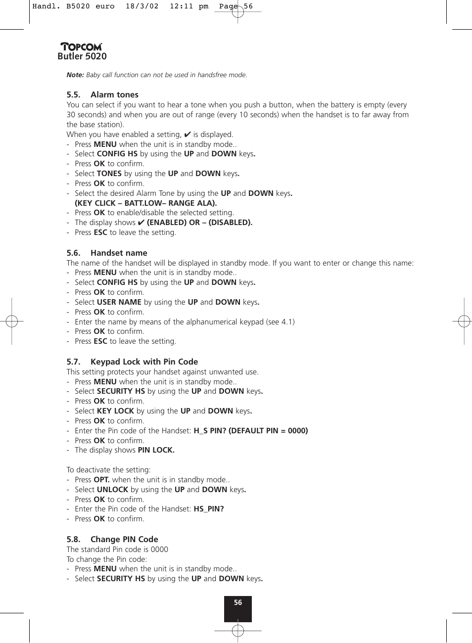 Butler 5020 | Topcom BUTLER 5020 User Manual | Page 56 / 84