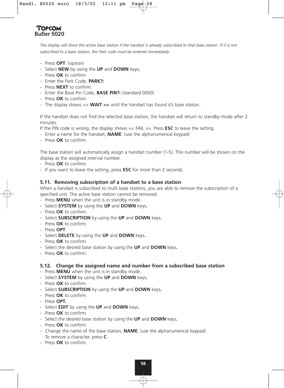 Butler 5020 | Topcom BUTLER 5020 User Manual | Page 58 / 84