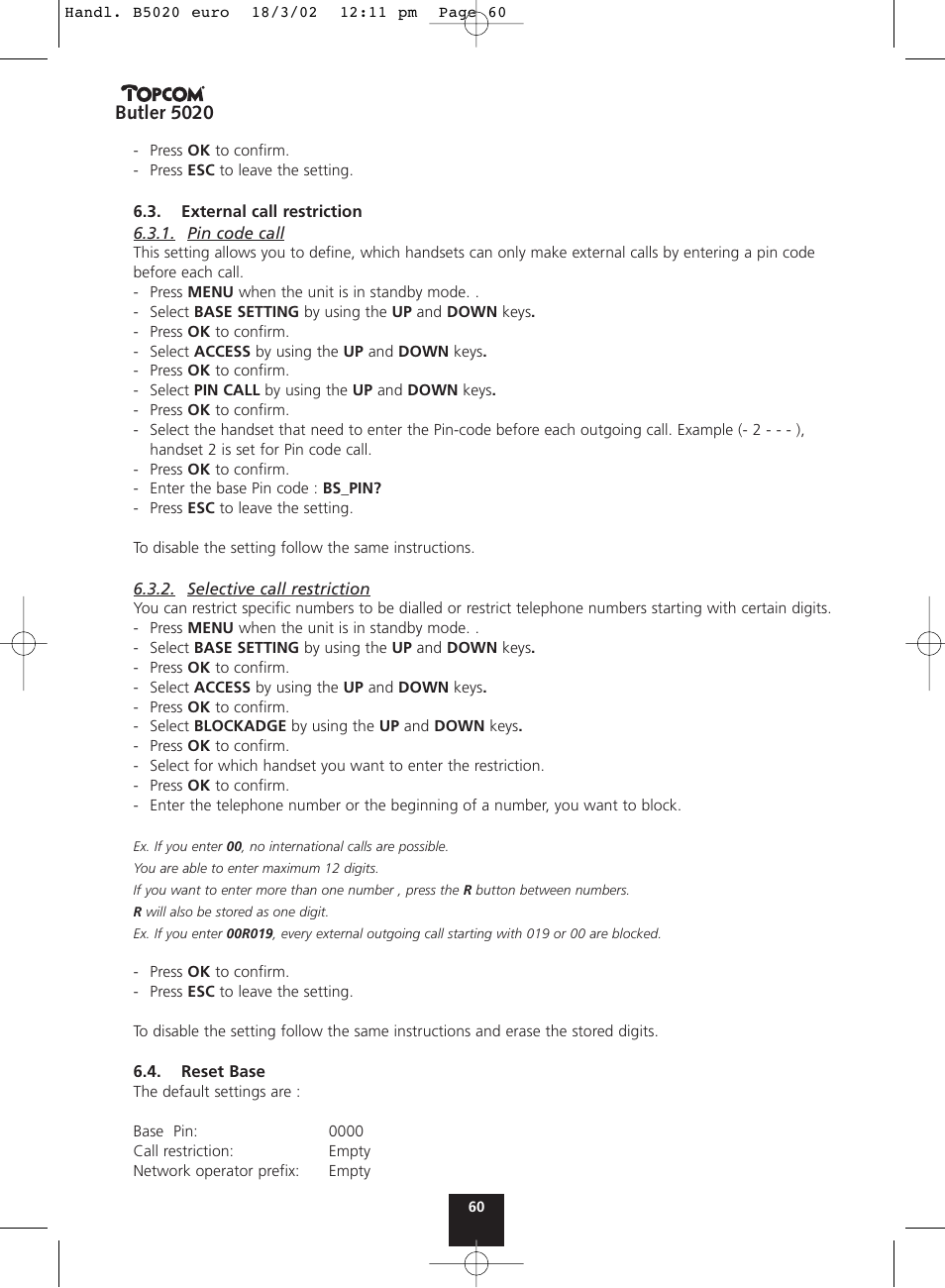 Butler 5020 | Topcom BUTLER 5020 User Manual | Page 60 / 84
