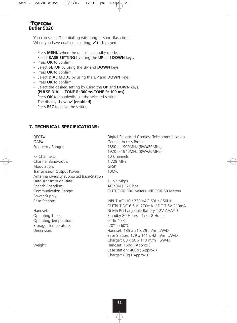 Butler 5020 | Topcom BUTLER 5020 User Manual | Page 62 / 84