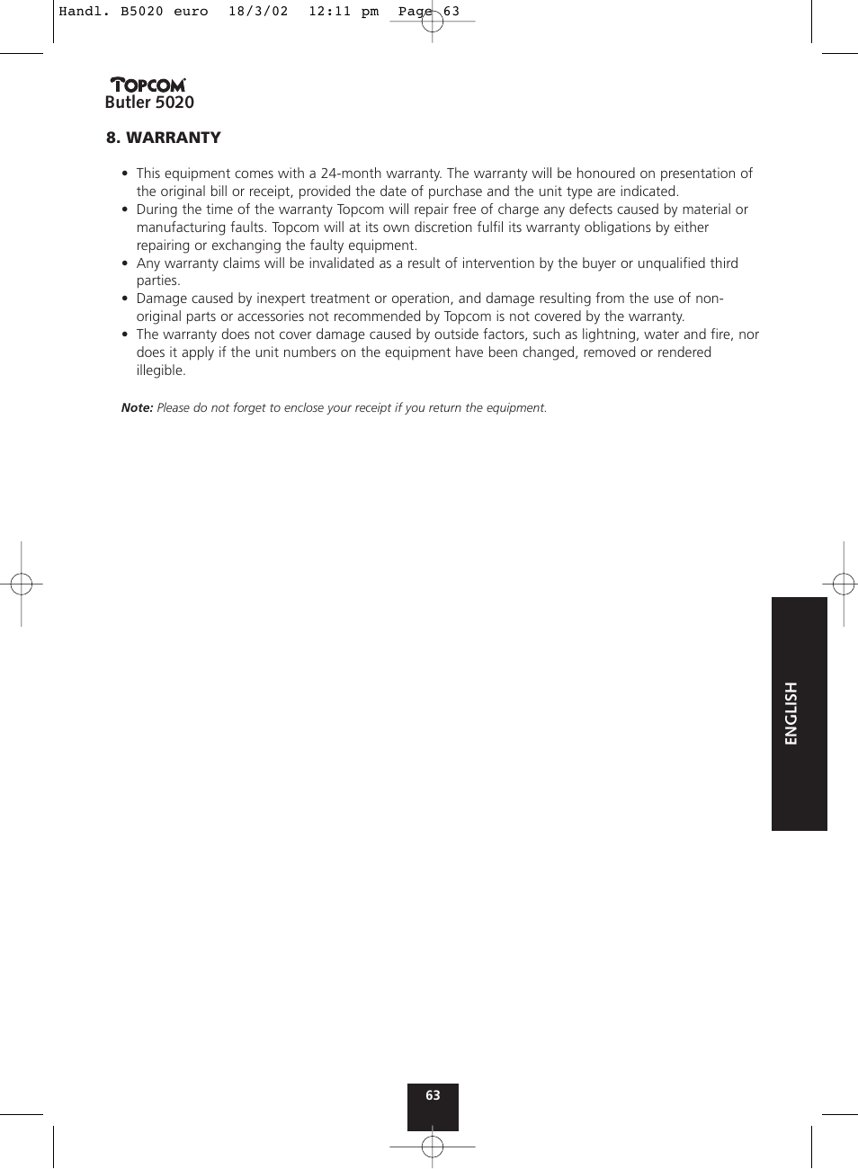 Butler 5020 | Topcom BUTLER 5020 User Manual | Page 63 / 84