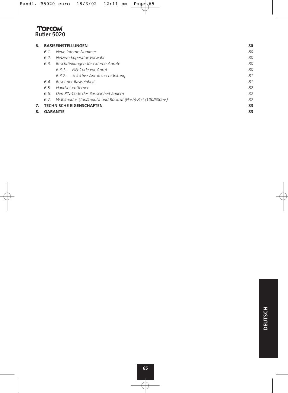 Butler 5020, Deutsch | Topcom BUTLER 5020 User Manual | Page 65 / 84