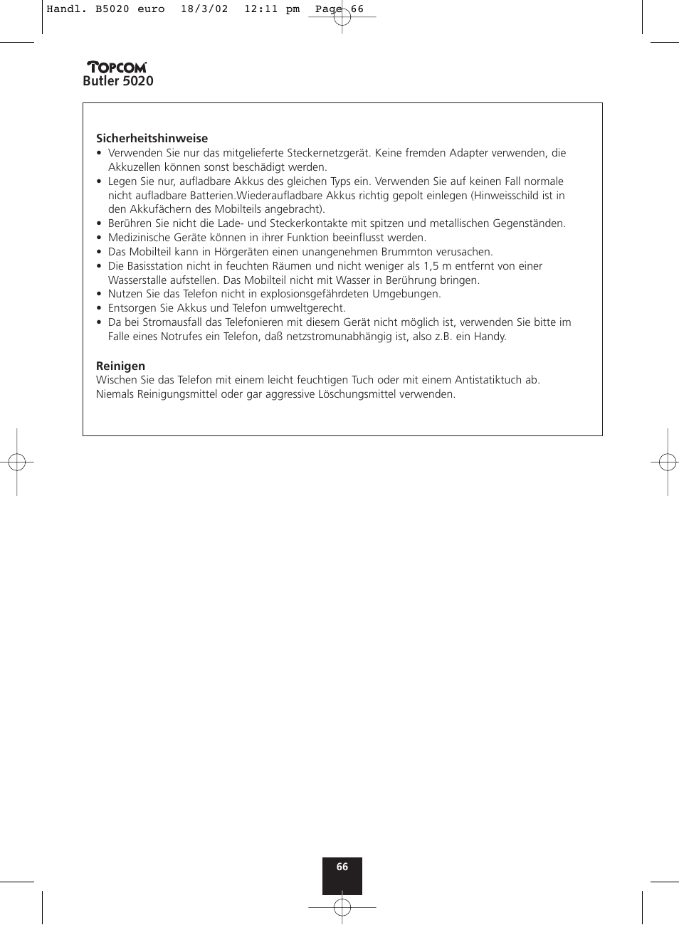 Butler 5020 | Topcom BUTLER 5020 User Manual | Page 66 / 84