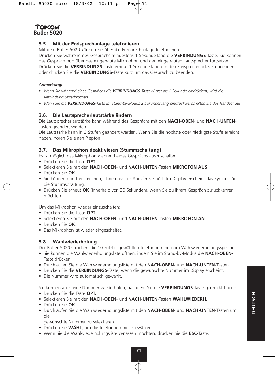 Butler 5020 | Topcom BUTLER 5020 User Manual | Page 71 / 84