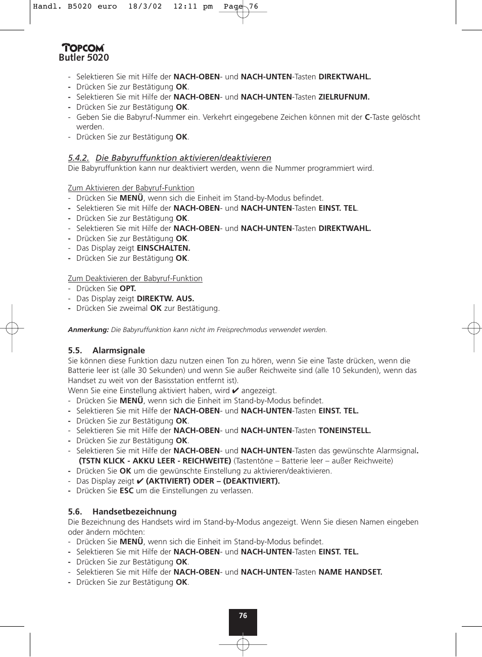 Butler 5020 | Topcom BUTLER 5020 User Manual | Page 76 / 84