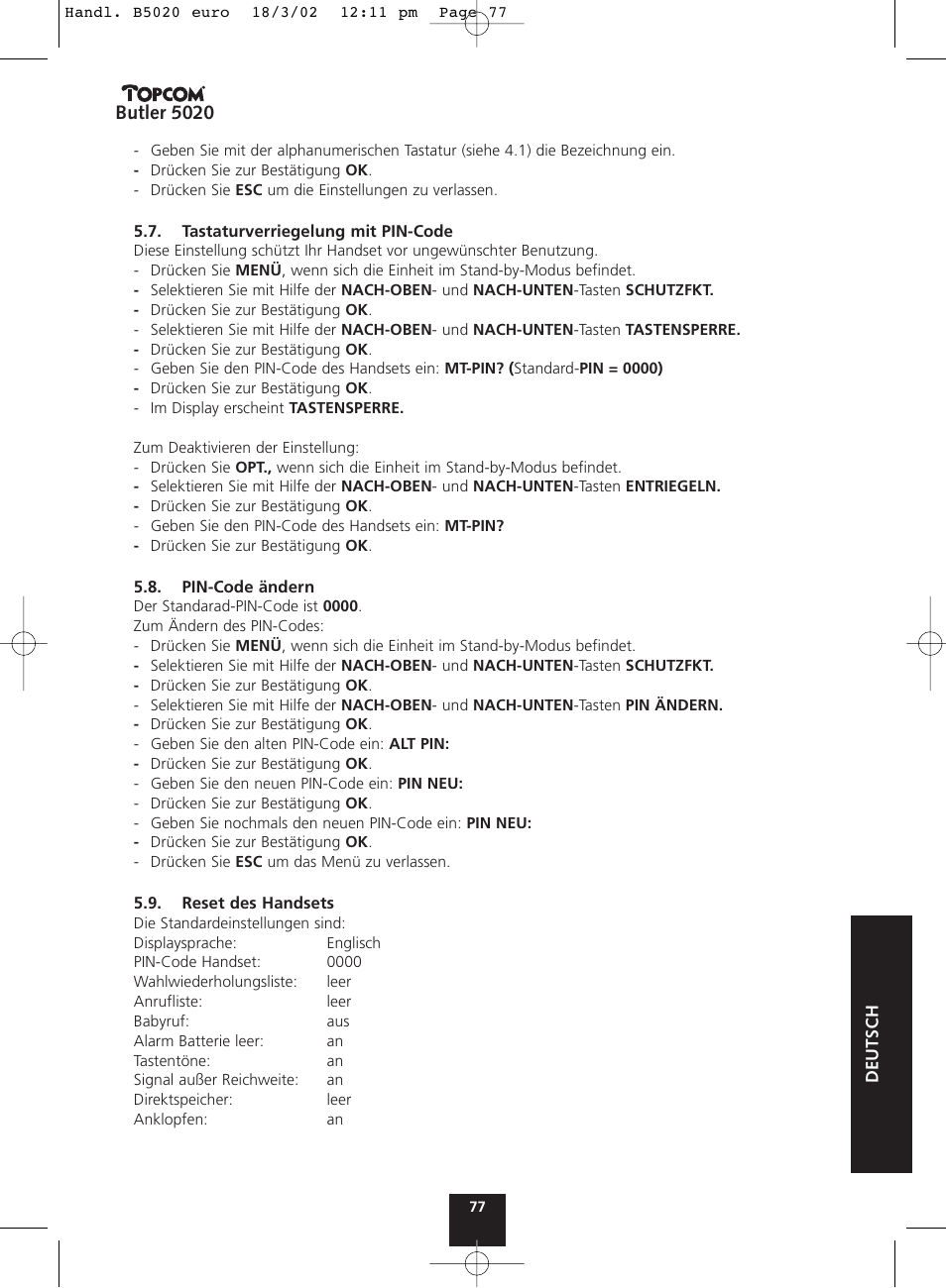 Butler 5020 | Topcom BUTLER 5020 User Manual | Page 77 / 84