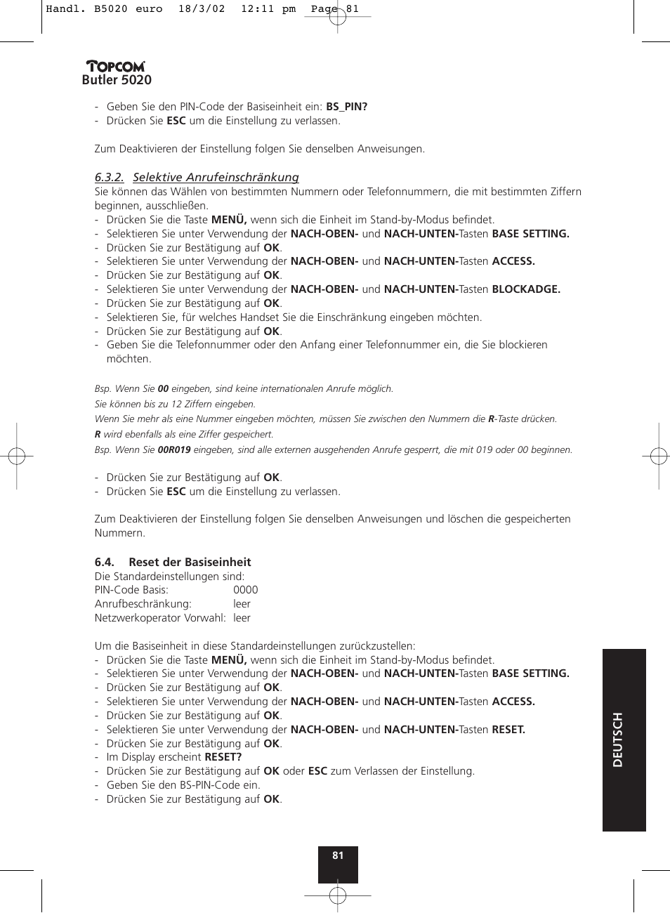 Butler 5020 | Topcom BUTLER 5020 User Manual | Page 81 / 84