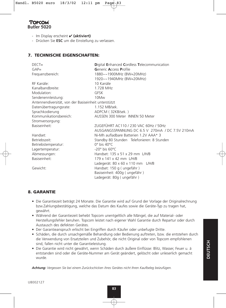 Butler 5020 | Topcom BUTLER 5020 User Manual | Page 83 / 84