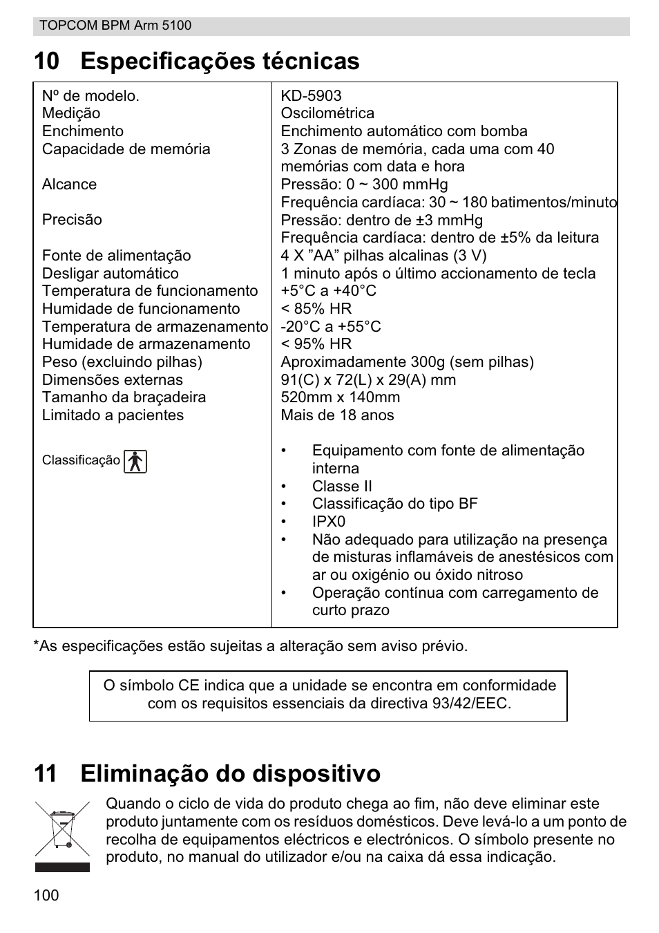 10 especificações técnicas, 11 eliminação do dispositivo | Topcom BPM ARM 5100 WHO User Manual | Page 100 / 160