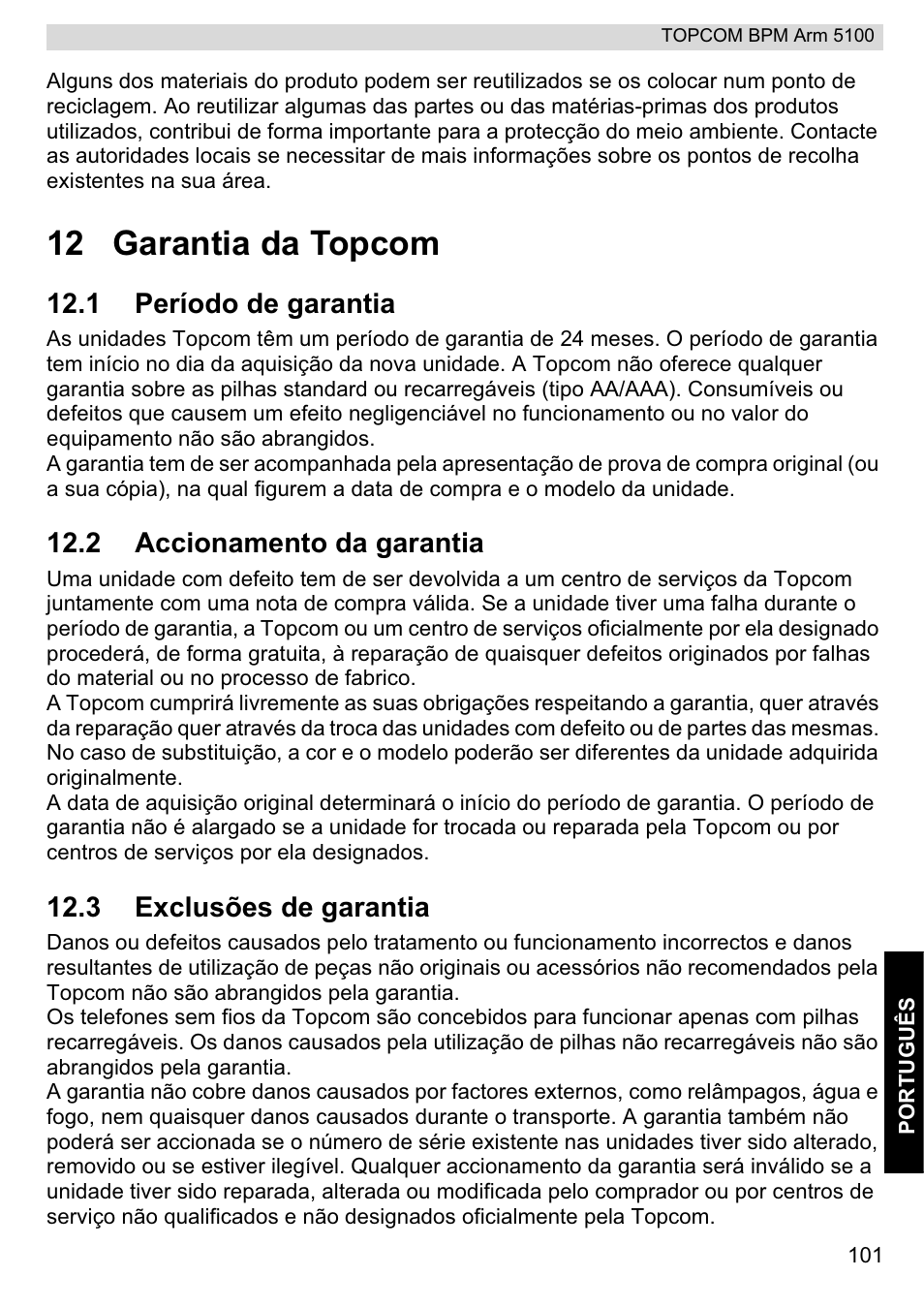 12 garantia da topcom | Topcom BPM ARM 5100 WHO User Manual | Page 101 / 160