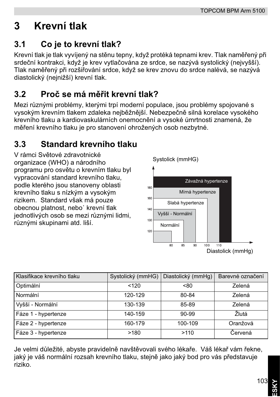3krevní tlak, 1 co je to krevní tlak, 2 proþ se má mčĝit krevní tlak | 3 standard krevního tlaku | Topcom BPM ARM 5100 WHO User Manual | Page 103 / 160