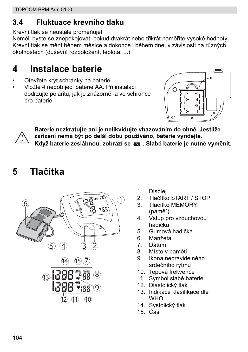 4instalace baterie, 5tlaþítka | Topcom BPM ARM 5100 WHO User Manual | Page 104 / 160