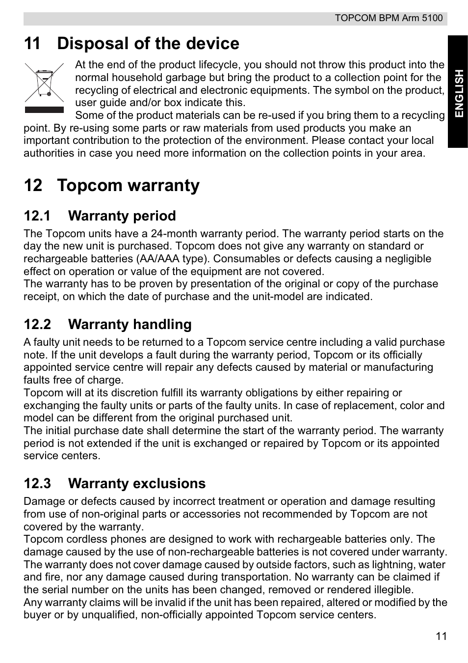 11 disposal of the device, 12 topcom warranty | Topcom BPM ARM 5100 WHO User Manual | Page 11 / 160