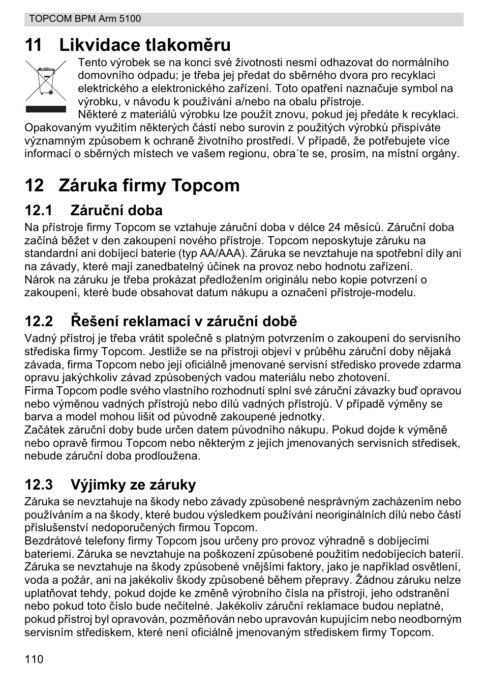 11 likvidace tlakomčru, 12 záruka firmy topcom | Topcom BPM ARM 5100 WHO User Manual | Page 110 / 160