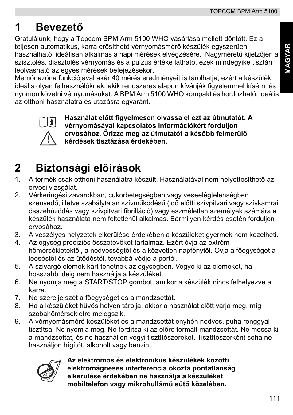 1bevezetę, 2biztonsági elęírások | Topcom BPM ARM 5100 WHO User Manual | Page 111 / 160
