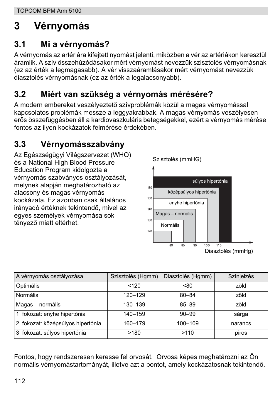 3vérnyomás, 1 mi a vérnyomás, 2 miért van szükség a vérnyomás mérésére | 3 vérnyomásszabvány | Topcom BPM ARM 5100 WHO User Manual | Page 112 / 160