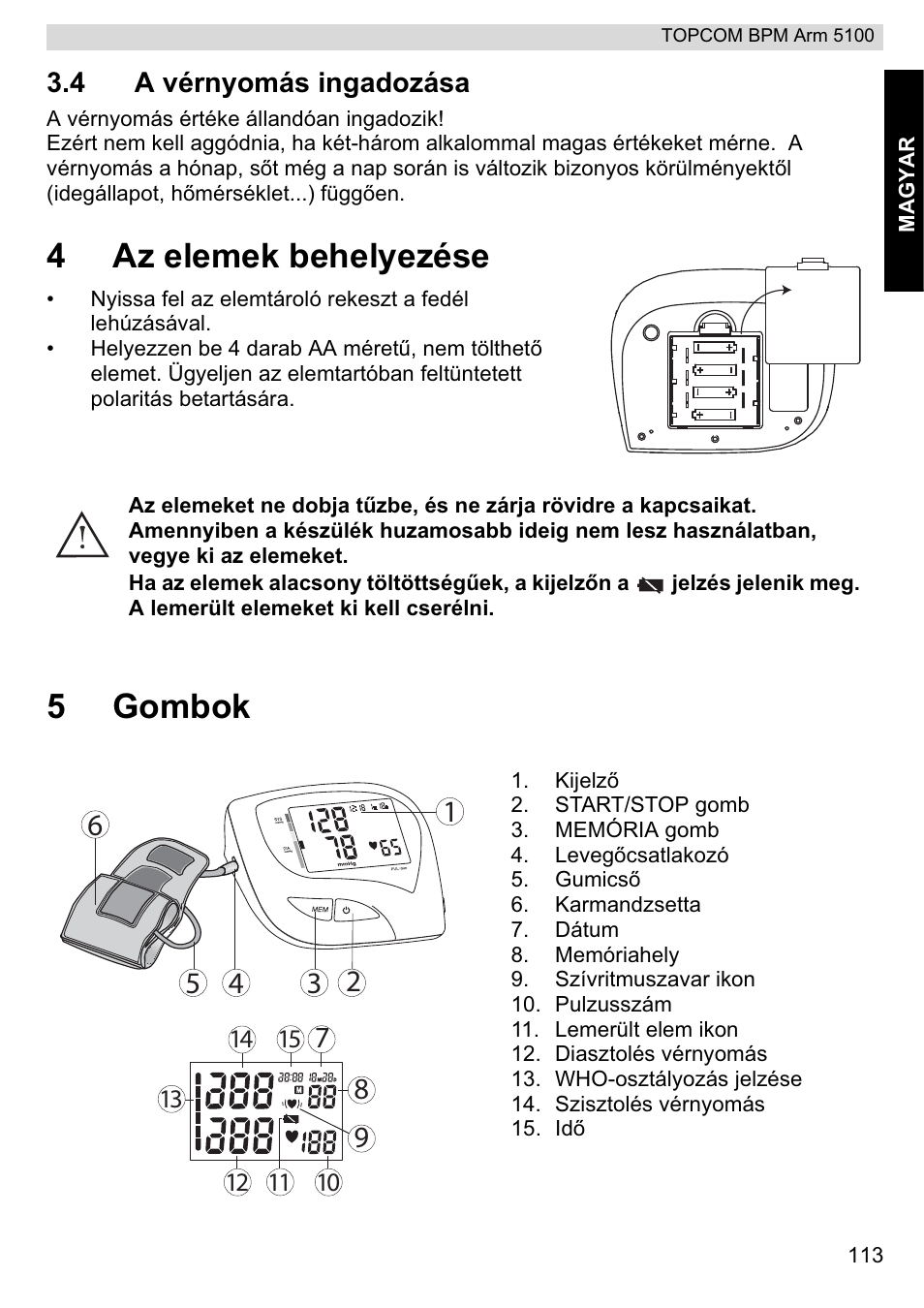 4az elemek behelyezése, 5gombok | Topcom BPM ARM 5100 WHO User Manual | Page 113 / 160