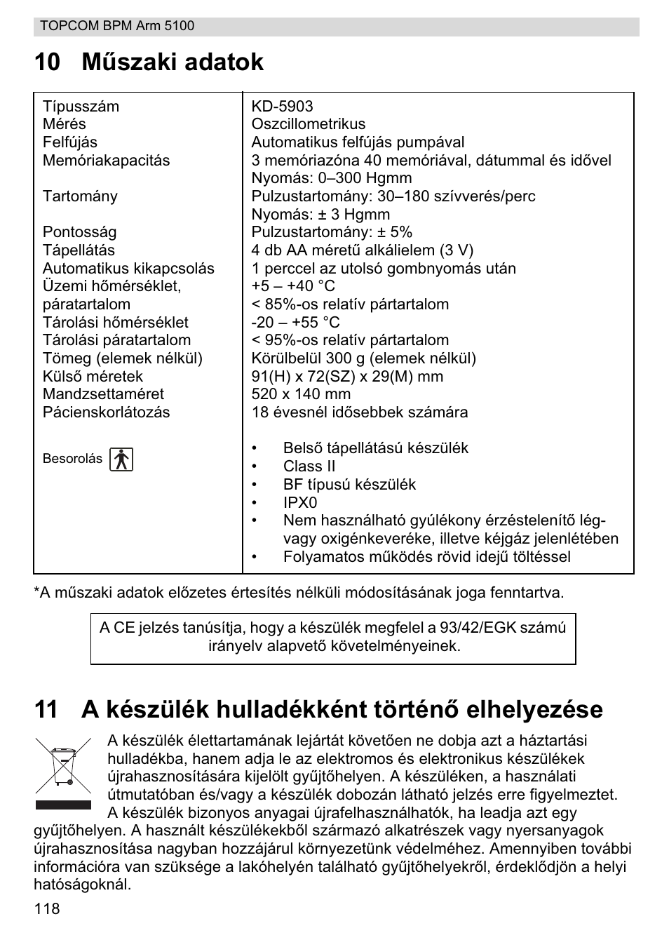 10 mħszaki adatok, 11 a készülék hulladékként történę elhelyezése | Topcom BPM ARM 5100 WHO User Manual | Page 118 / 160