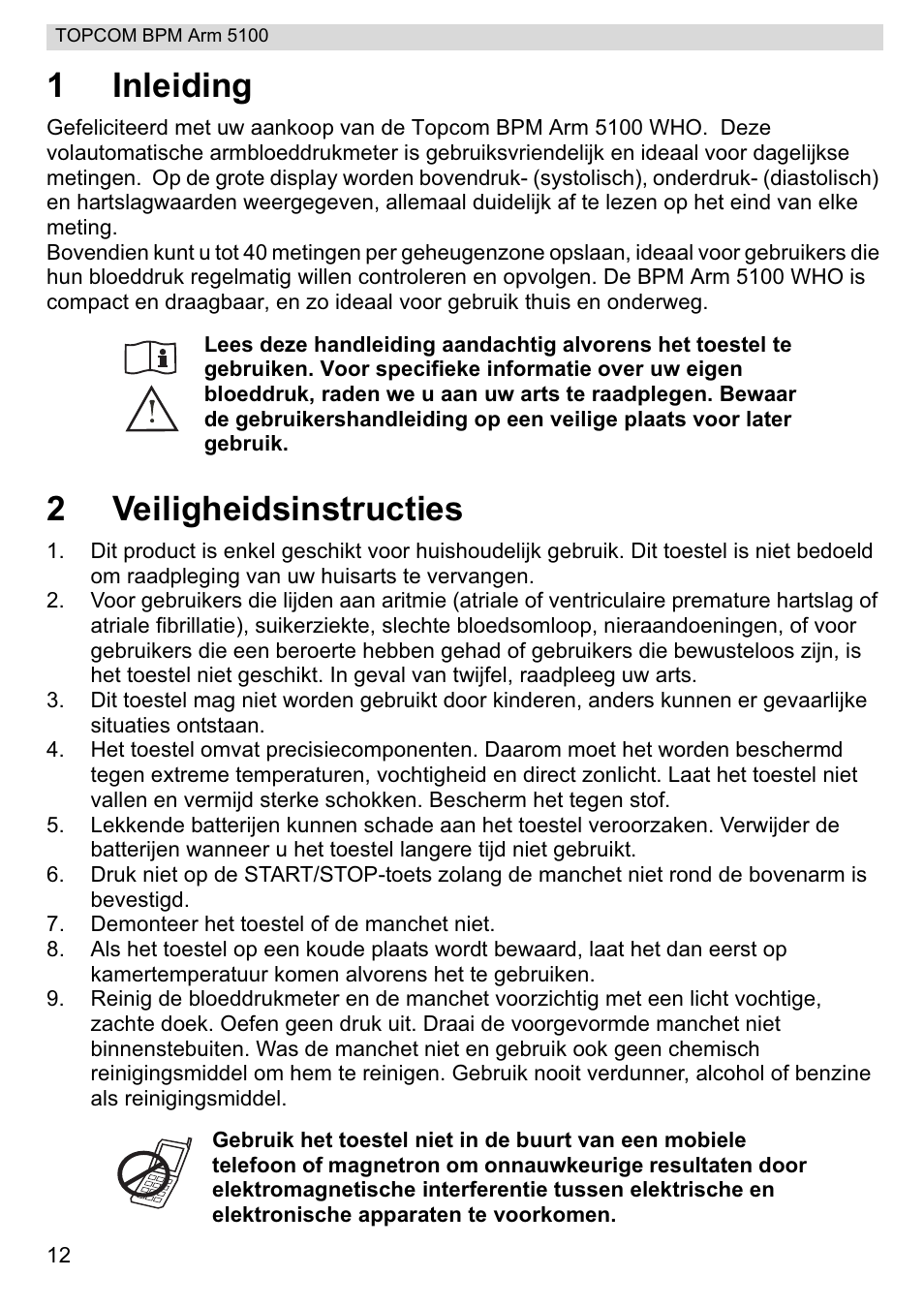 1inleiding, 2veiligheidsinstructies | Topcom BPM ARM 5100 WHO User Manual | Page 12 / 160