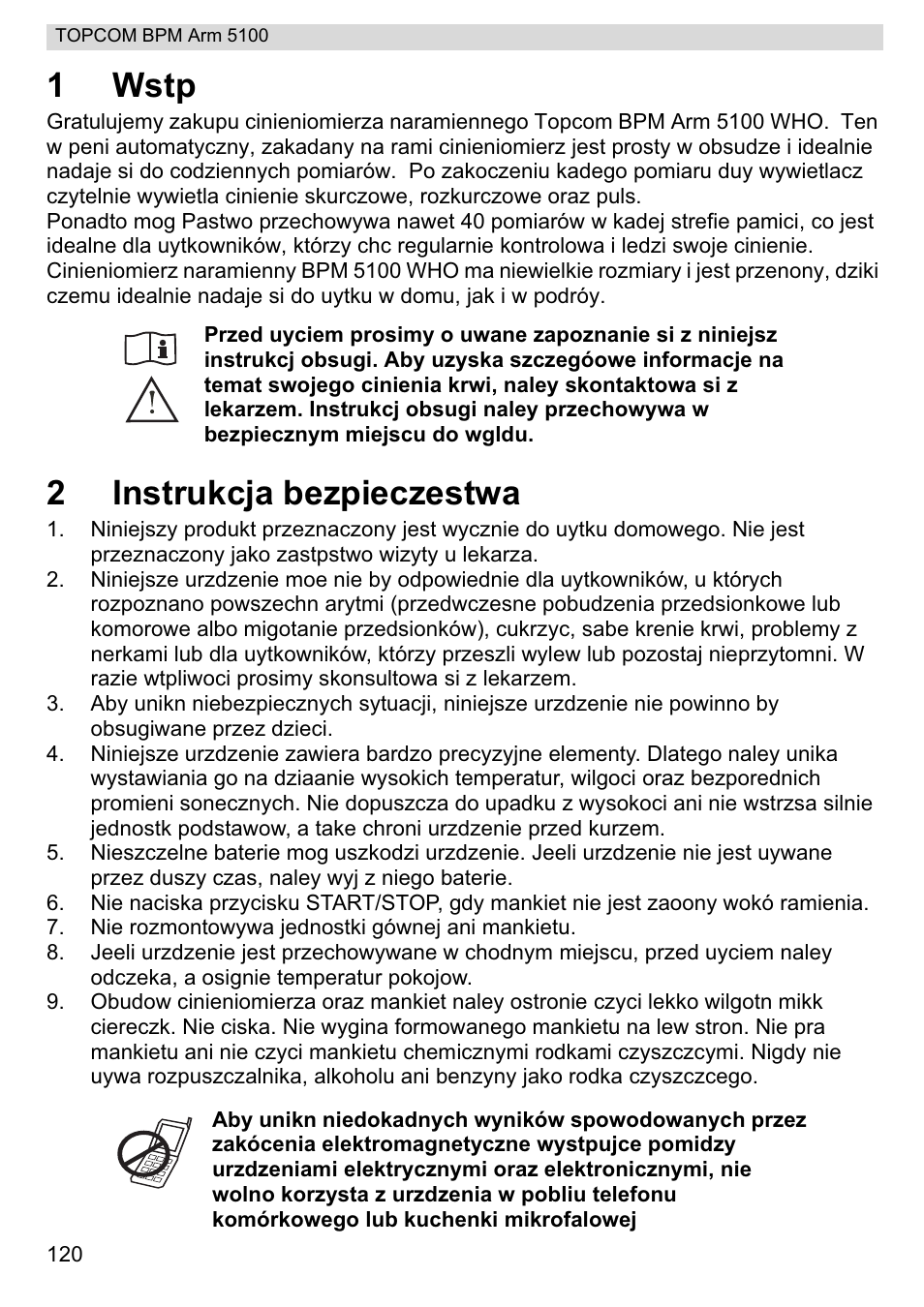 1wstp, 2instrukcja bezpieczestwa | Topcom BPM ARM 5100 WHO User Manual | Page 120 / 160