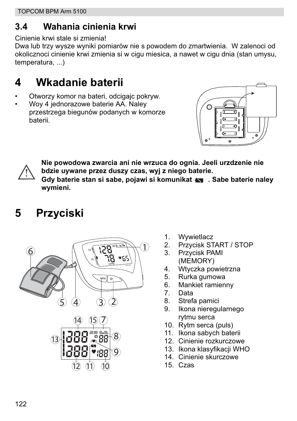 4wkadanie baterii, 5przyciski | Topcom BPM ARM 5100 WHO User Manual | Page 122 / 160