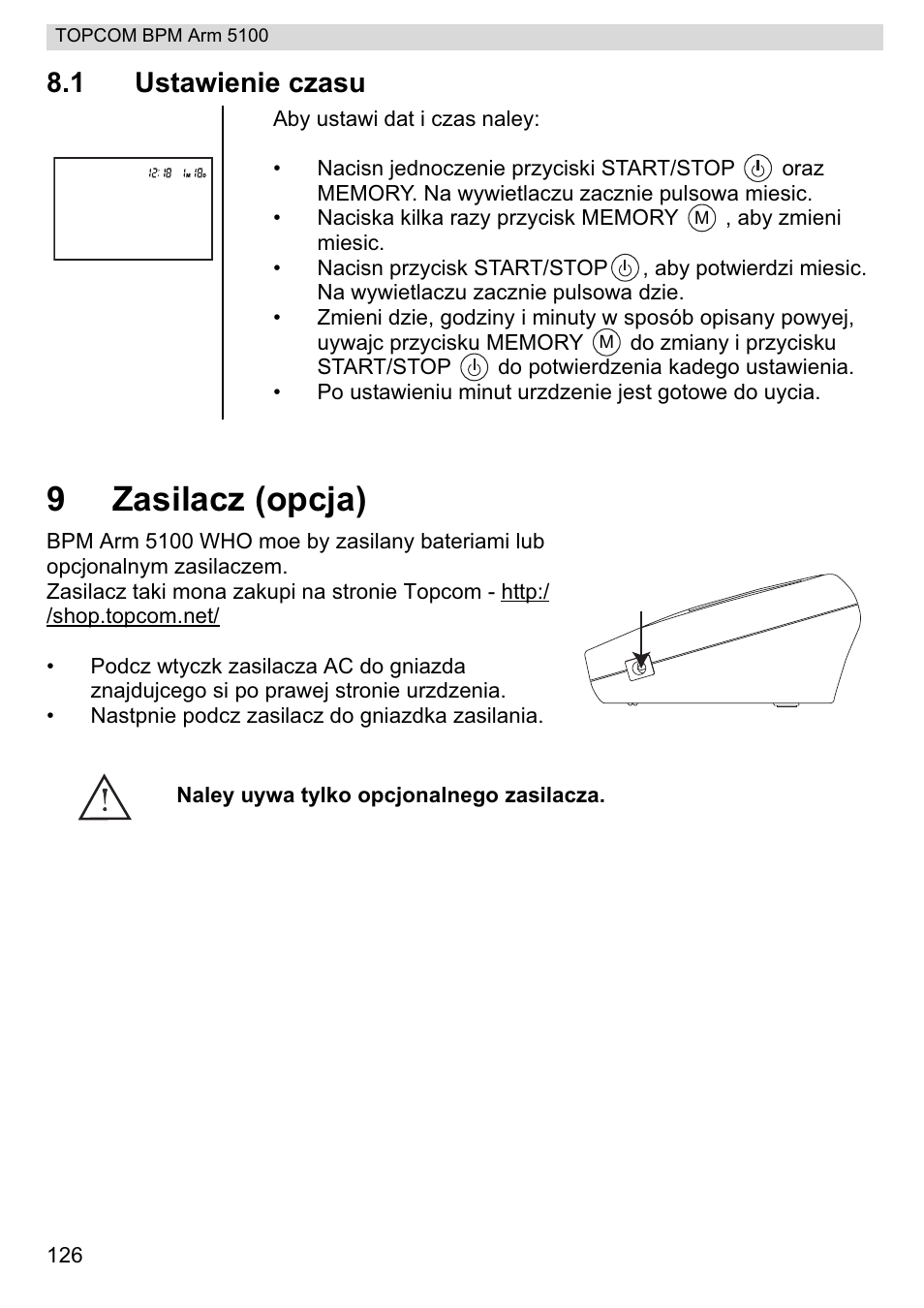 9zasilacz (opcja), 1 ustawienie czasu | Topcom BPM ARM 5100 WHO User Manual | Page 126 / 160