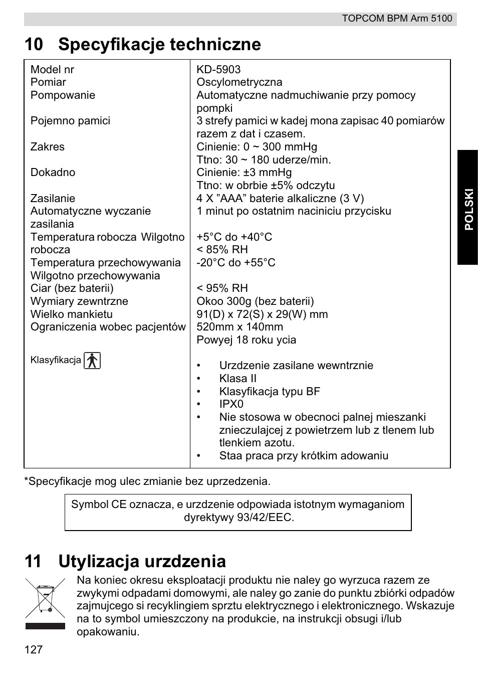 10 specyfikacje techniczne, 11 utylizacja urzdzenia | Topcom BPM ARM 5100 WHO User Manual | Page 127 / 160