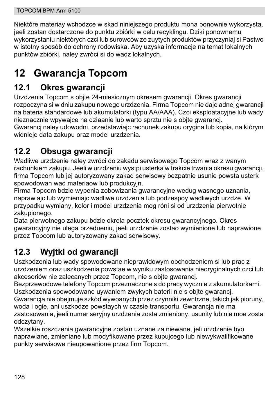 12 gwarancja topcom | Topcom BPM ARM 5100 WHO User Manual | Page 128 / 160