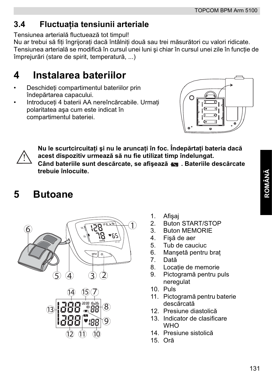 4instalarea bateriilor, 5butoane | Topcom BPM ARM 5100 WHO User Manual | Page 131 / 160