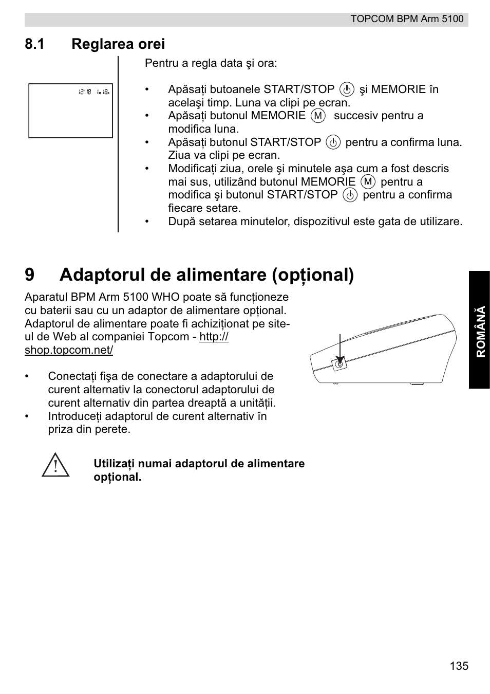 9adaptorul de alimentare (opġional), 1 reglarea orei | Topcom BPM ARM 5100 WHO User Manual | Page 135 / 160