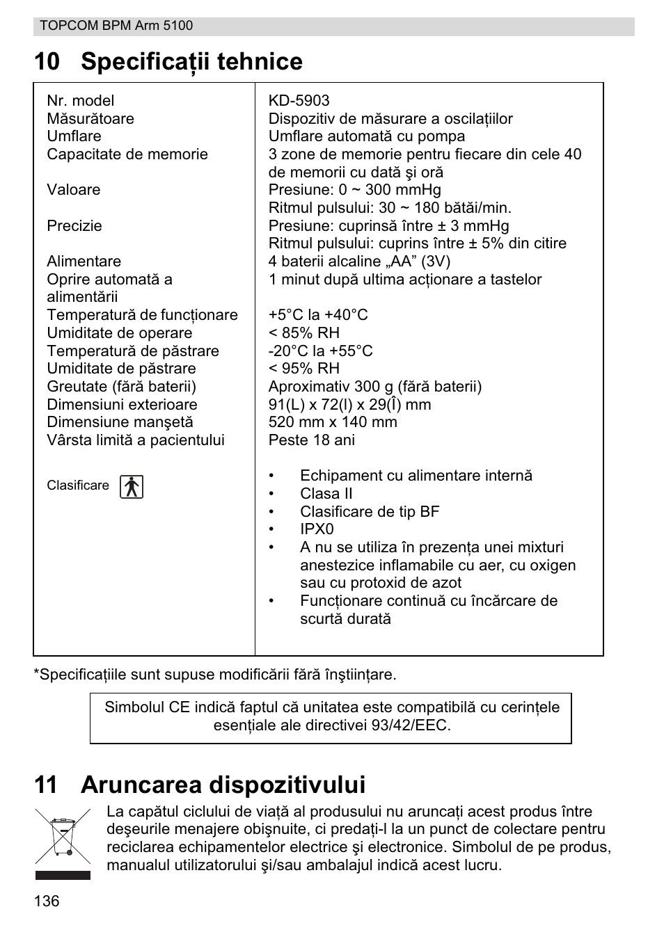 10 specificaġii tehnice, 11 aruncarea dispozitivului | Topcom BPM ARM 5100 WHO User Manual | Page 136 / 160