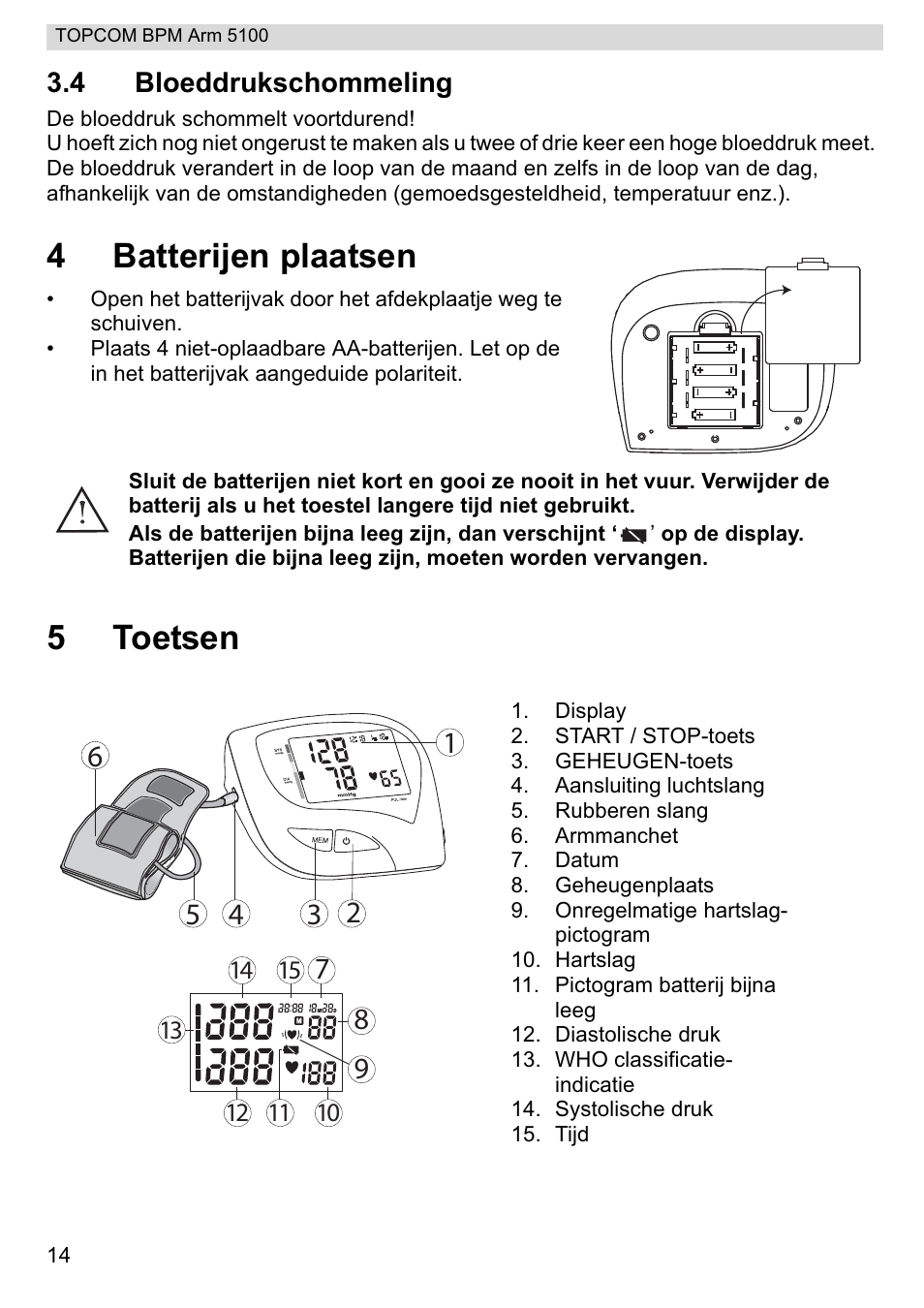 4batterijen plaatsen, 5toetsen | Topcom BPM ARM 5100 WHO User Manual | Page 14 / 160