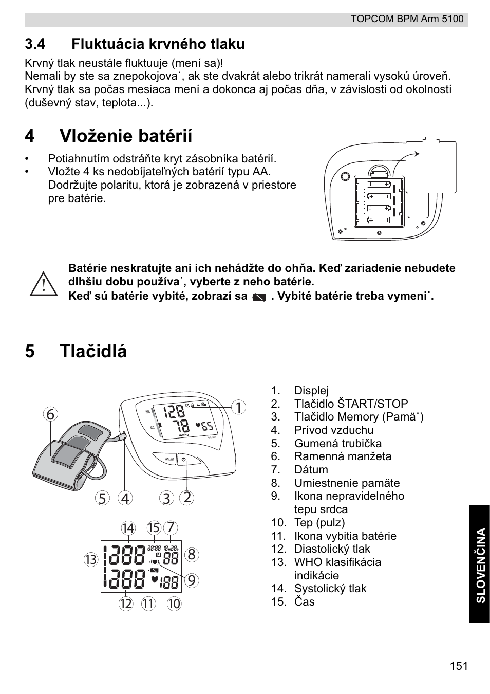 4vloženie batérií, 5tlaþidlá | Topcom BPM ARM 5100 WHO User Manual | Page 151 / 160