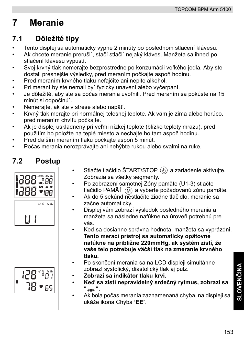 7meranie, 1 dôležité tipy, 2 postup | Topcom BPM ARM 5100 WHO User Manual | Page 153 / 160