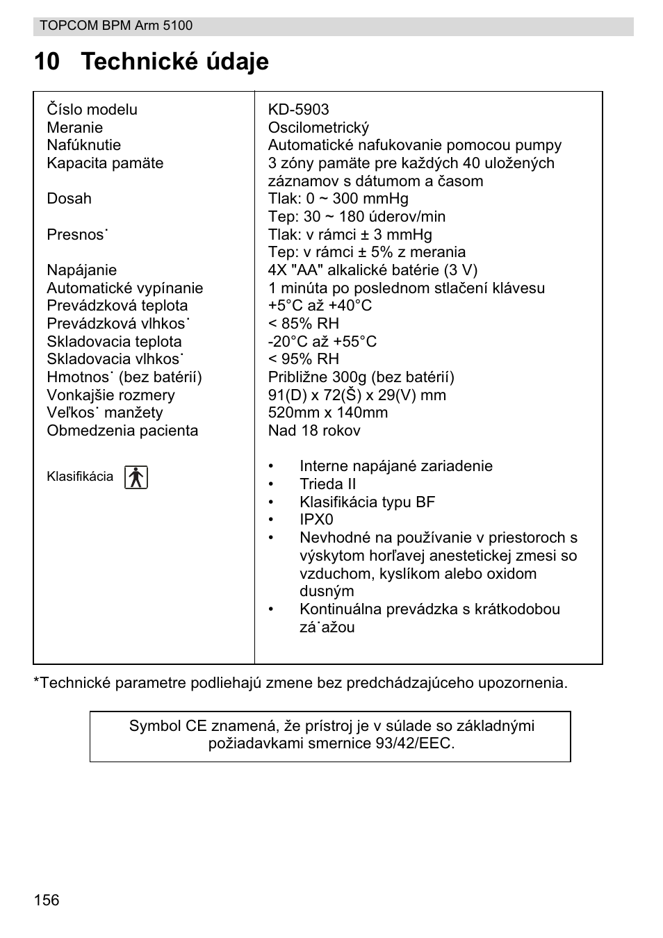 10 technické údaje | Topcom BPM ARM 5100 WHO User Manual | Page 156 / 160