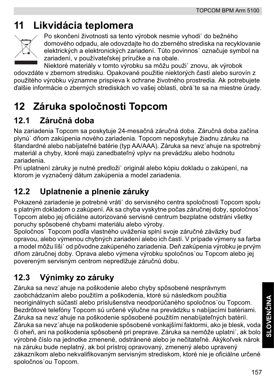 11 likvidácia teplomera, 12 záruka spoloþnosti topcom | Topcom BPM ARM 5100 WHO User Manual | Page 157 / 160