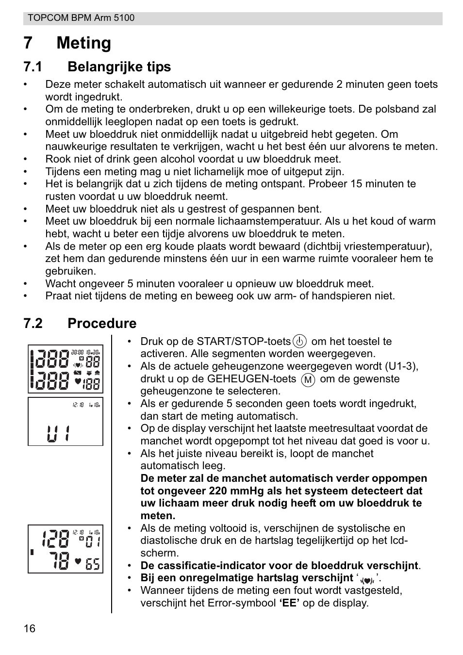 7meting, 1 belangrijke tips, 2 procedure | Topcom BPM ARM 5100 WHO User Manual | Page 16 / 160