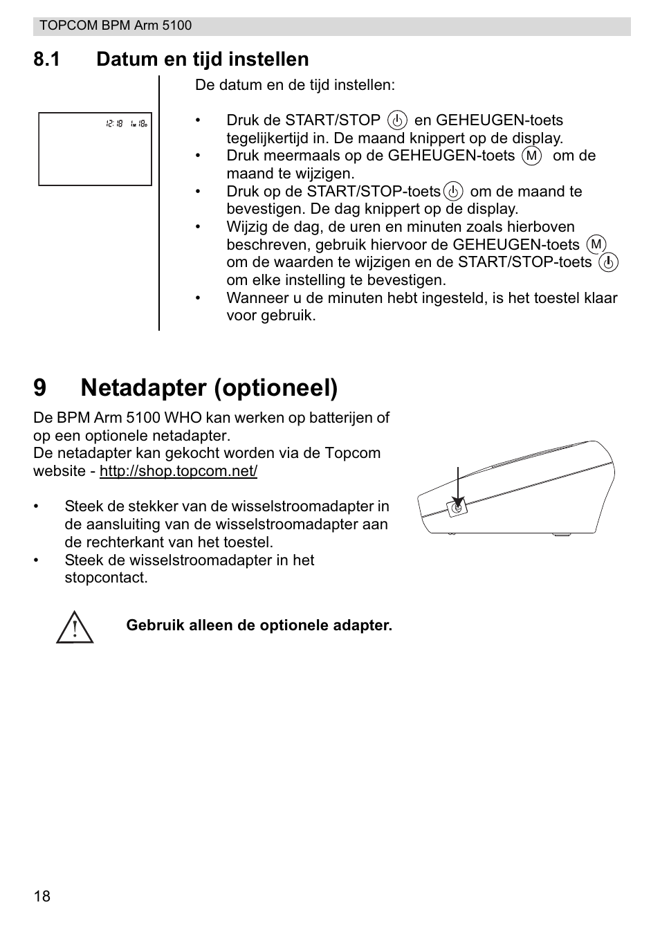 9netadapter (optioneel), 1 datum en tijd instellen | Topcom BPM ARM 5100 WHO User Manual | Page 18 / 160