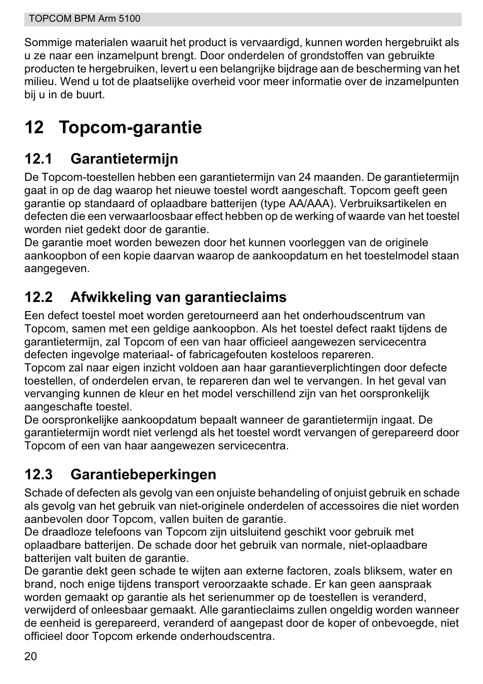 12 topcom-garantie | Topcom BPM ARM 5100 WHO User Manual | Page 20 / 160