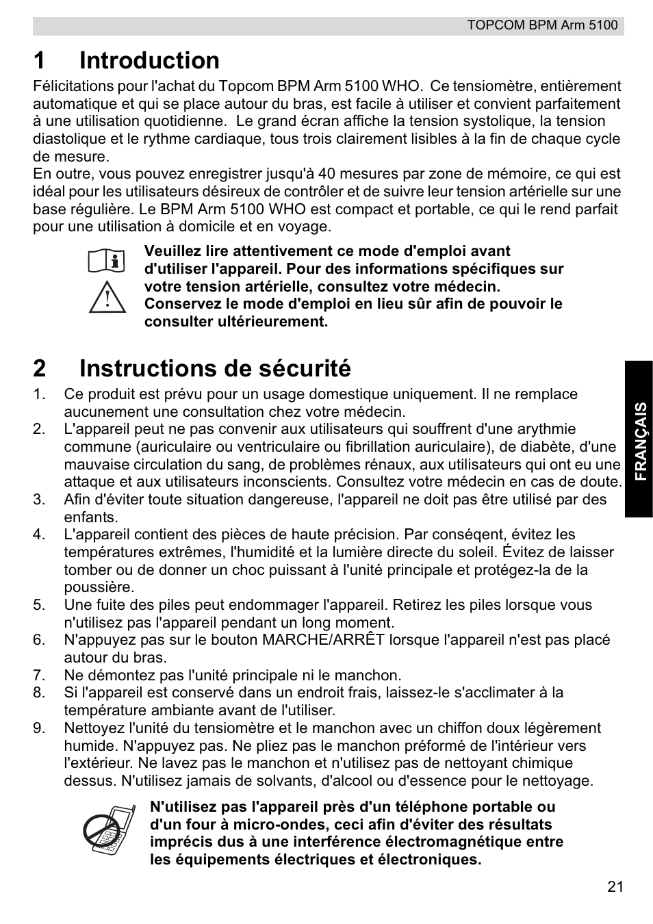 1introduction, 2instructions de sécurité | Topcom BPM ARM 5100 WHO User Manual | Page 21 / 160