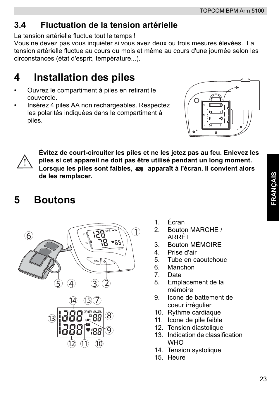 4installation des piles, 5boutons | Topcom BPM ARM 5100 WHO User Manual | Page 23 / 160