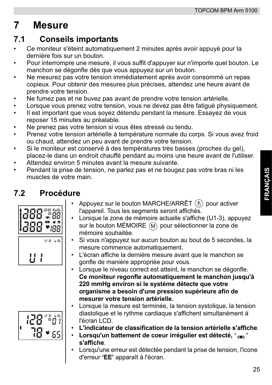 7mesure, 1 conseils importants, 2 procédure | Topcom BPM ARM 5100 WHO User Manual | Page 25 / 160