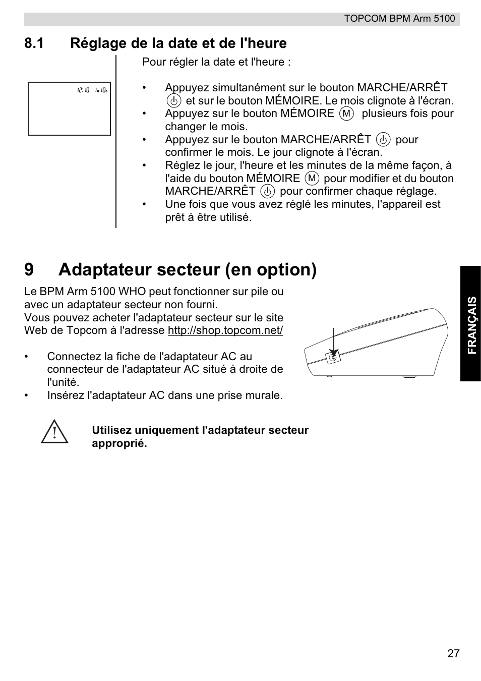 9adaptateur secteur (en option), 1 réglage de la date et de l'heure | Topcom BPM ARM 5100 WHO User Manual | Page 27 / 160