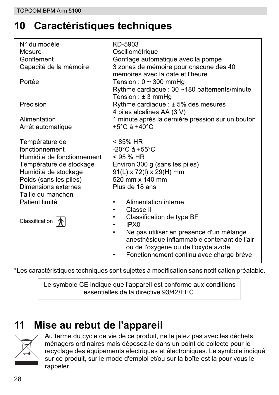 10 caractéristiques techniques, 11 mise au rebut de l'appareil | Topcom BPM ARM 5100 WHO User Manual | Page 28 / 160